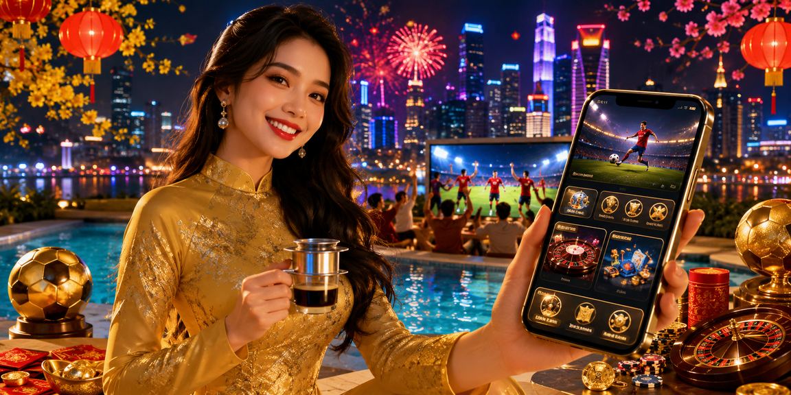 Người dùng tại TP. Hồ Chí Minh xem khuyến mãi casino trên ứng dụng di động với trang phục áo dài truyền thống